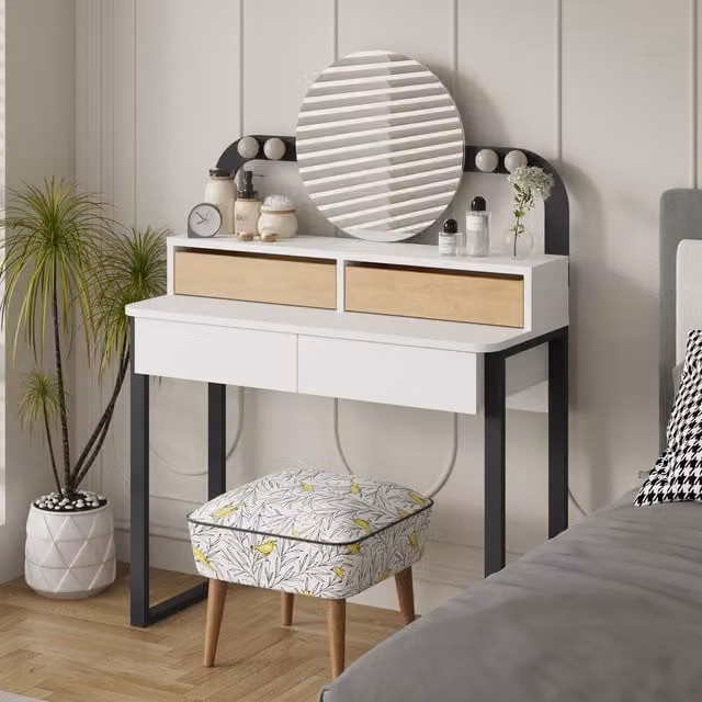 Decortie Lora 4 Drawer Dressing Table with Mirror and Metal Legs in White