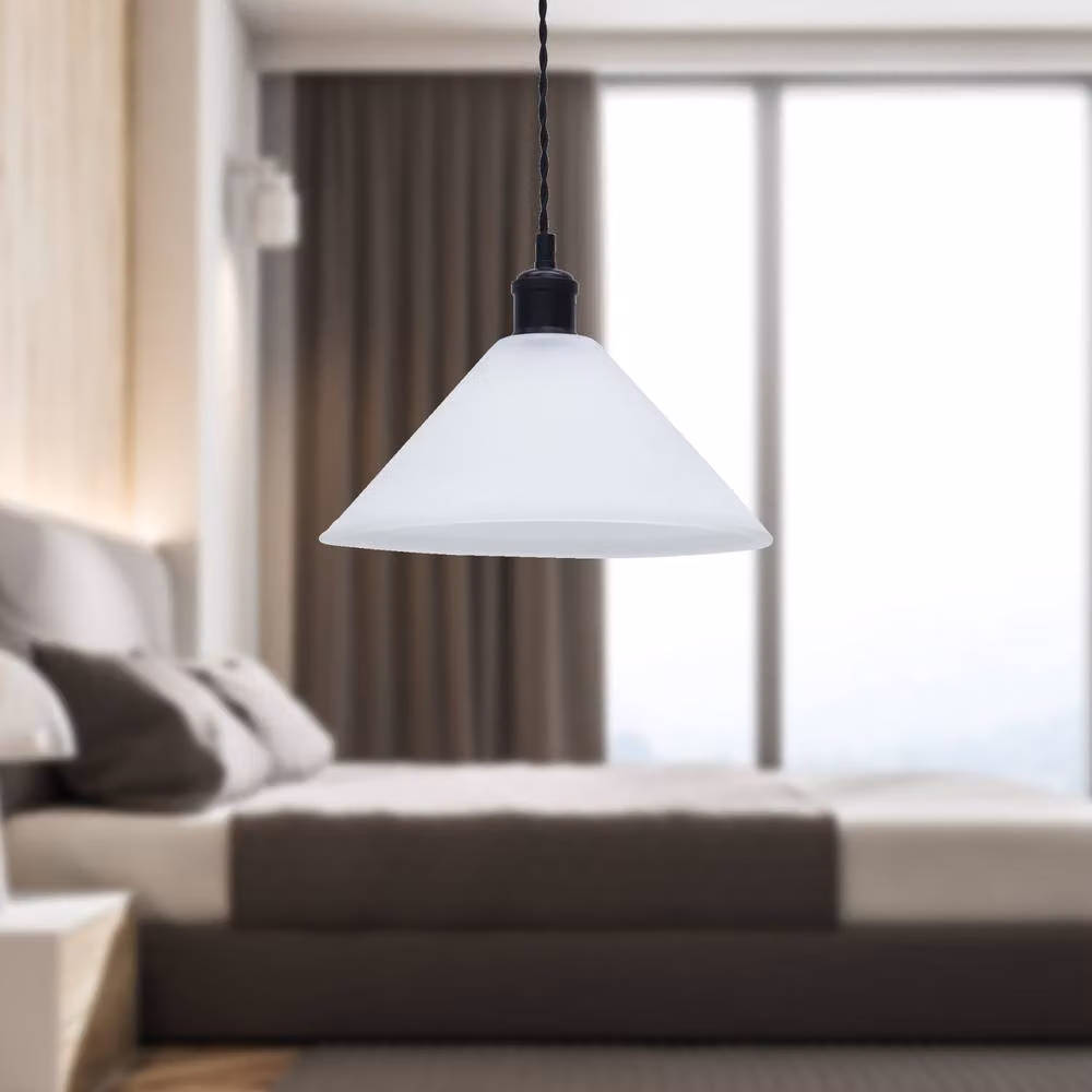 First Choice Lighting Fenton Black and White Frosted Glass Pendant Light, Height Adjustable and Dimmable – 2