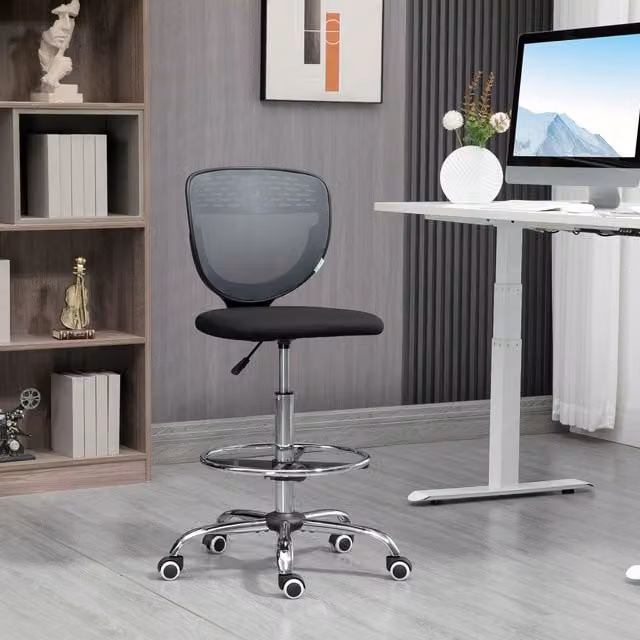 Vinsetto Ergonomic Drafting Chair, Swivel Mesh Fabric Draughtsman Chair with Foot Ring, Grey