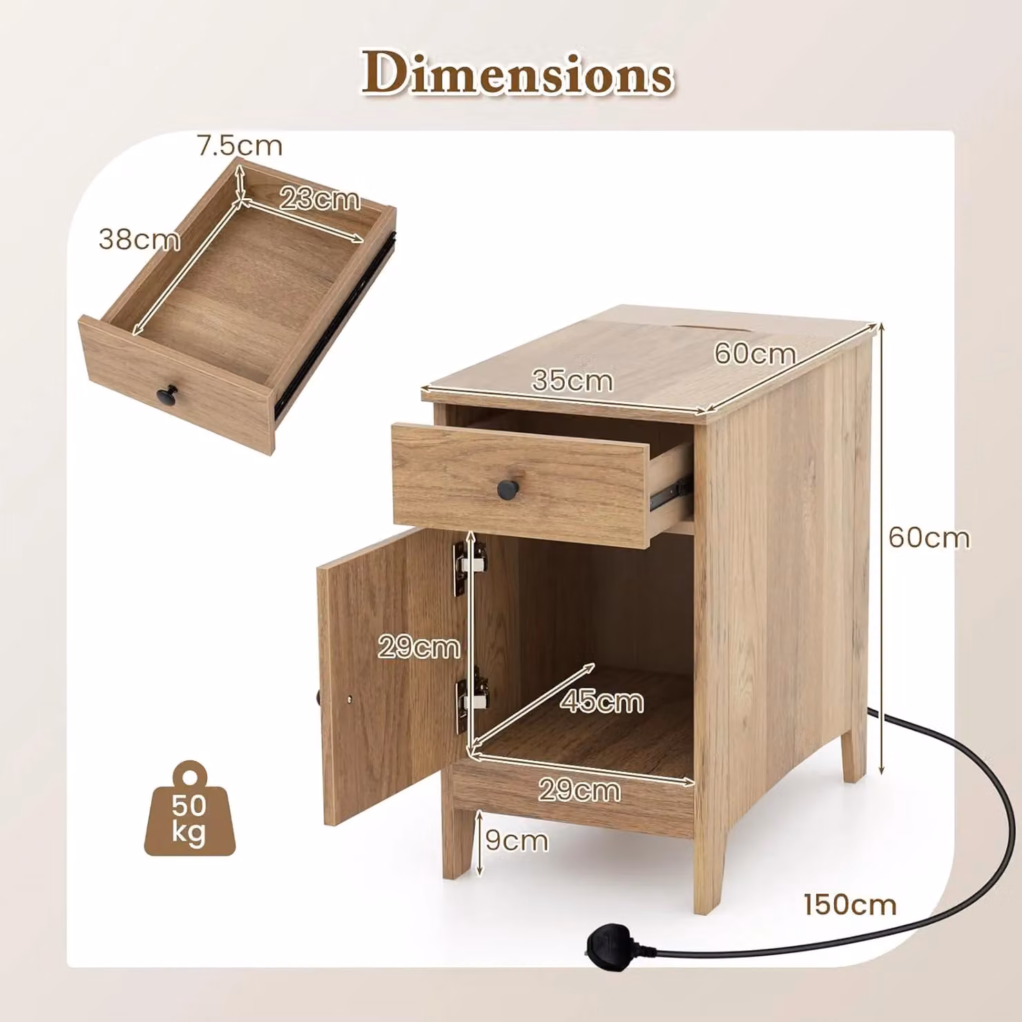 Gymax Modern Narrow Side Table and Nightstand with Drawers and Charging Station in Brown – 3