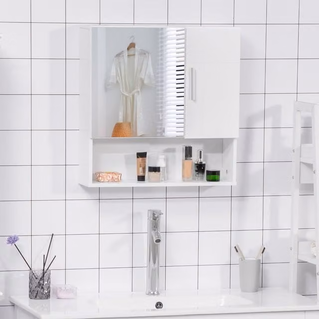 Kleankin White Modern Wall Mounted Bathroom Mirror Cabinet with Soft Close Hinged Doors and Internal Shelves