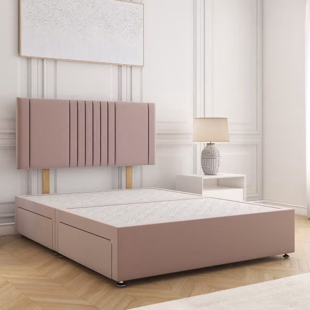 BSSPOKE Monaco Pink Velvet Upholstered Single Divan Bed with 24 inch Headboard and 2 Drawers, W/D/H: 90 x 200 x 30.48 cm