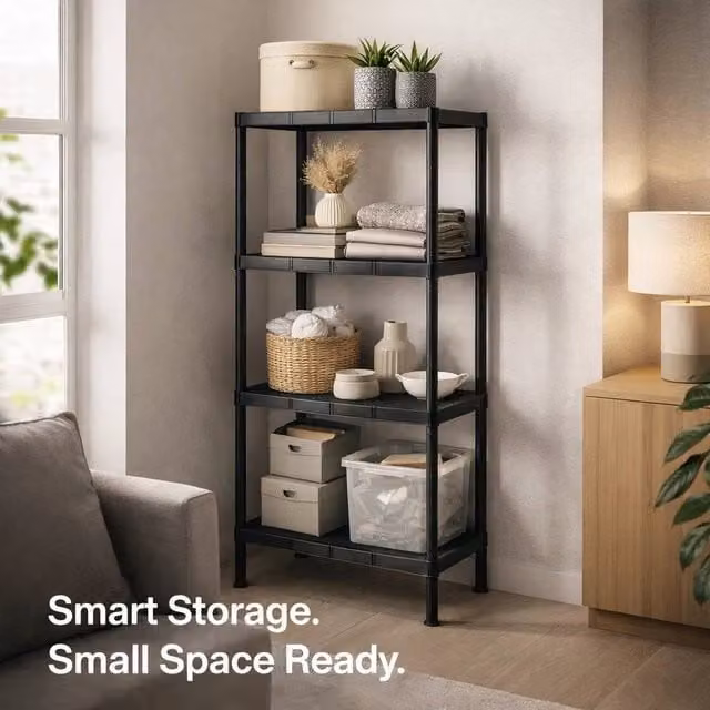 EONLION 2 Pack 4 Tier Plastic Freestanding Shelving Units in Black