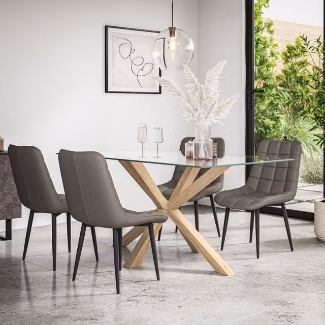 More4Homes Etta Glass Dining Table and Nova Grey Faux Leather Chair Set of 4, W/D/H: 160 x 75 x 75 cm – 1