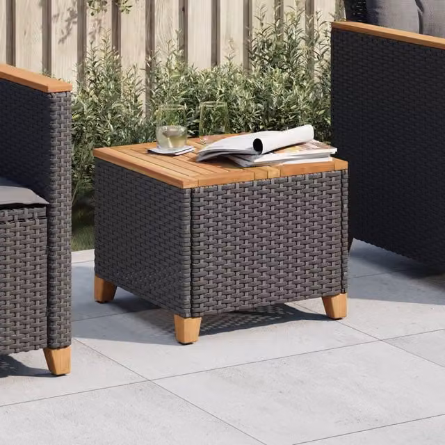 Berkfield Home Black Poly Rattan and Acacia Wood Garden Table W/D/H: 45 x 45 x 37 cm – 1