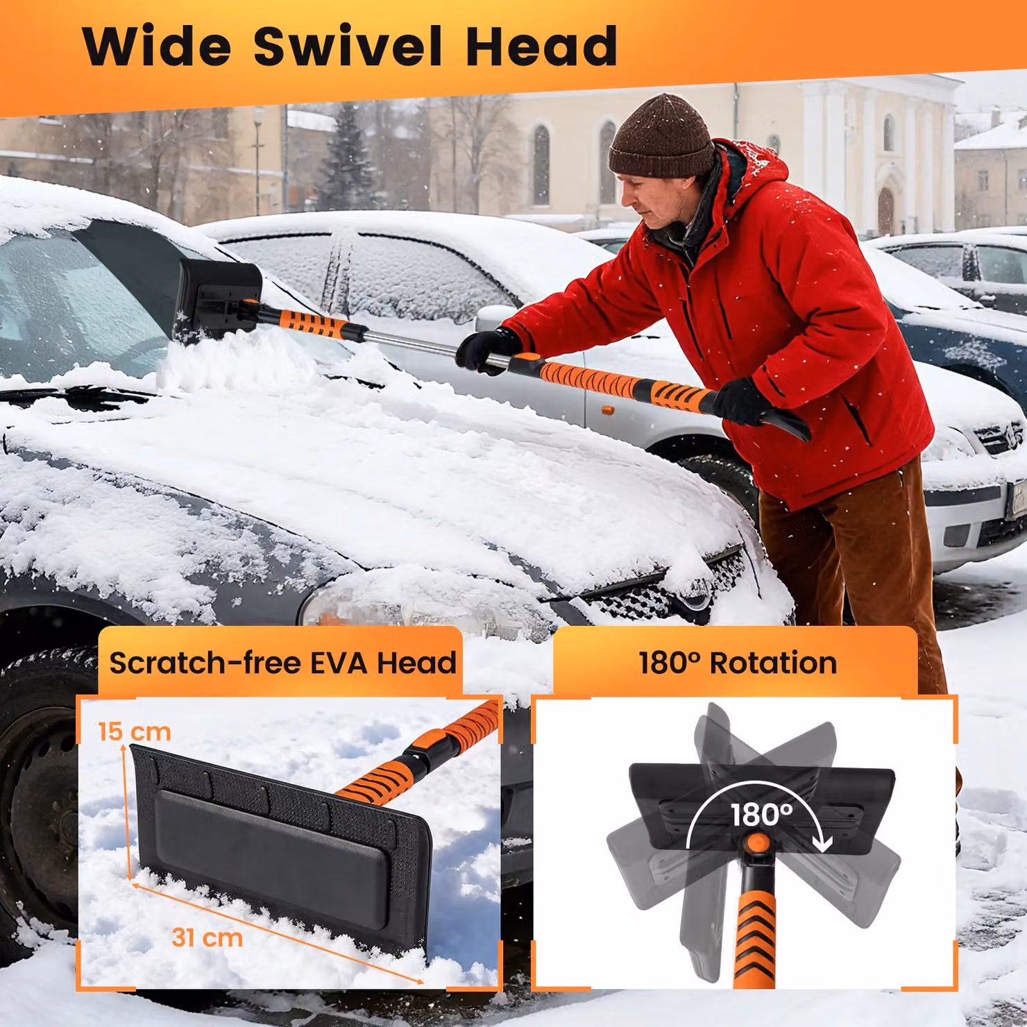 Gymax 2 in 1 Extendable Snow Shovel and Car Windshield Ice Scraper, Orange – 4