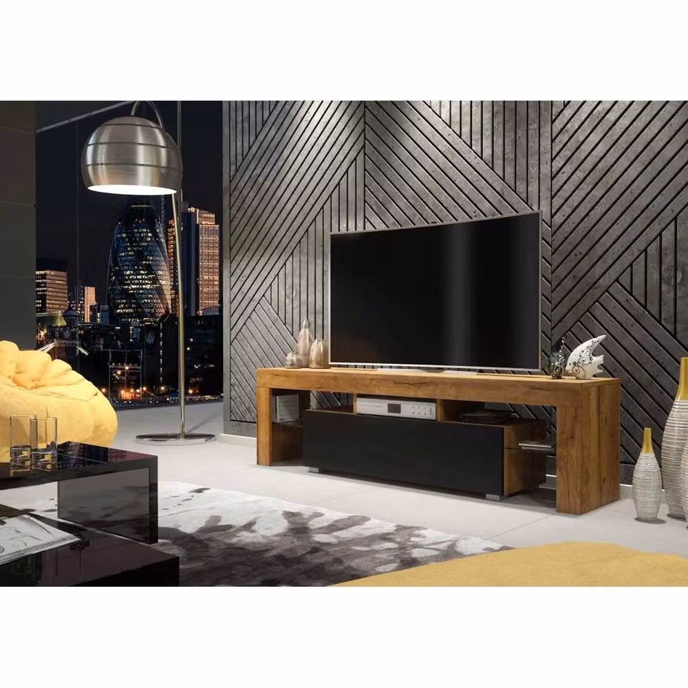 FORGEVIO Modern Oak Wood TV Unit and Sideboard Cabinet in Brown and Black with Glass Details – 3
