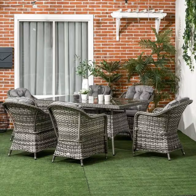 Outsunny 7 Piece Modern Rattan Dining Set with Cushions and Umbrella Hole in Dark Grey