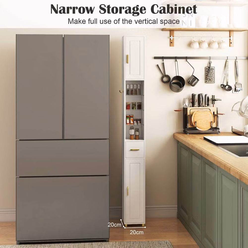 Costway Modern White Narrow Bathroom Storage Cabinet with 3 Hinged Doors and Integrated Lighting, Height: 180 cm – 3