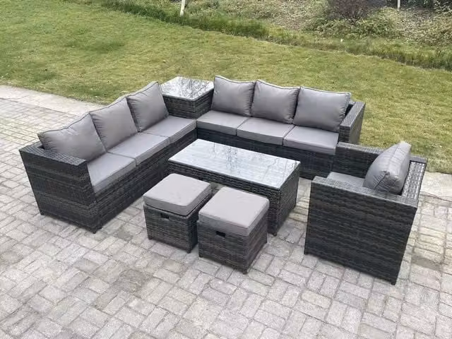 Fimous 9 Seater Rattan Corner Sofa Set with Square Side Table and Oblong Coffee Table in Dark Grey