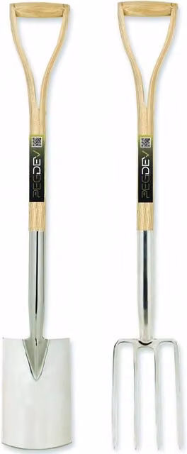 Pegdev Perennial Stainless Steel Border Spade and Fork Set with Light Oak Handles in Silver and Brown