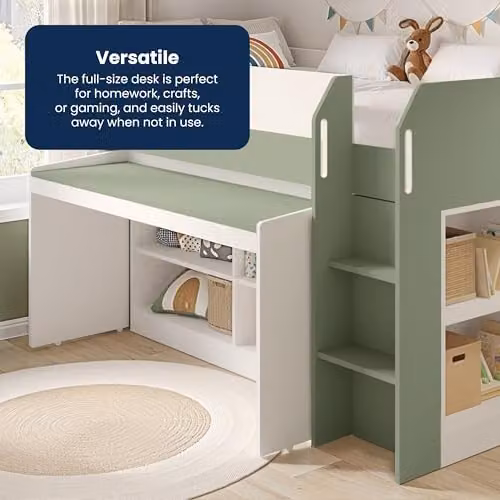 Flair Furnishings Kids Mid Sleeper Cabin Bed with Stairs and Storage in White and Green – 5