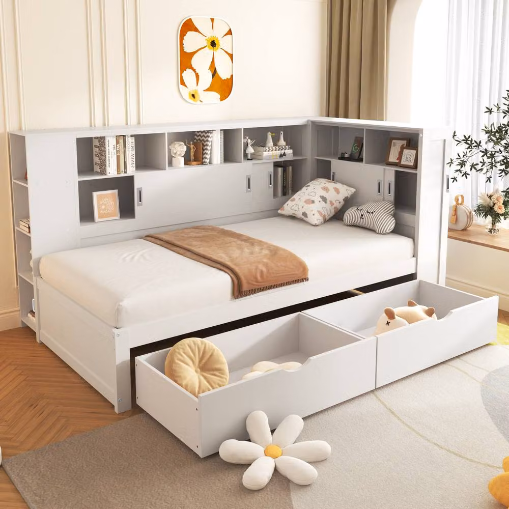 BTM White 3ft Platform Bed with Trundle, Bookcase, Drawers and USB Charging Ports, W/D/H: 90 x 190 x 122.5 cm – 3