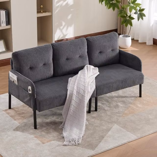 Aosom UK Oversized Two-Seater Upholstered Sofa with USB Charging and Side Storage Pockets, Charcoal Grey, W/D/H: 171 x 72 x 80 cm