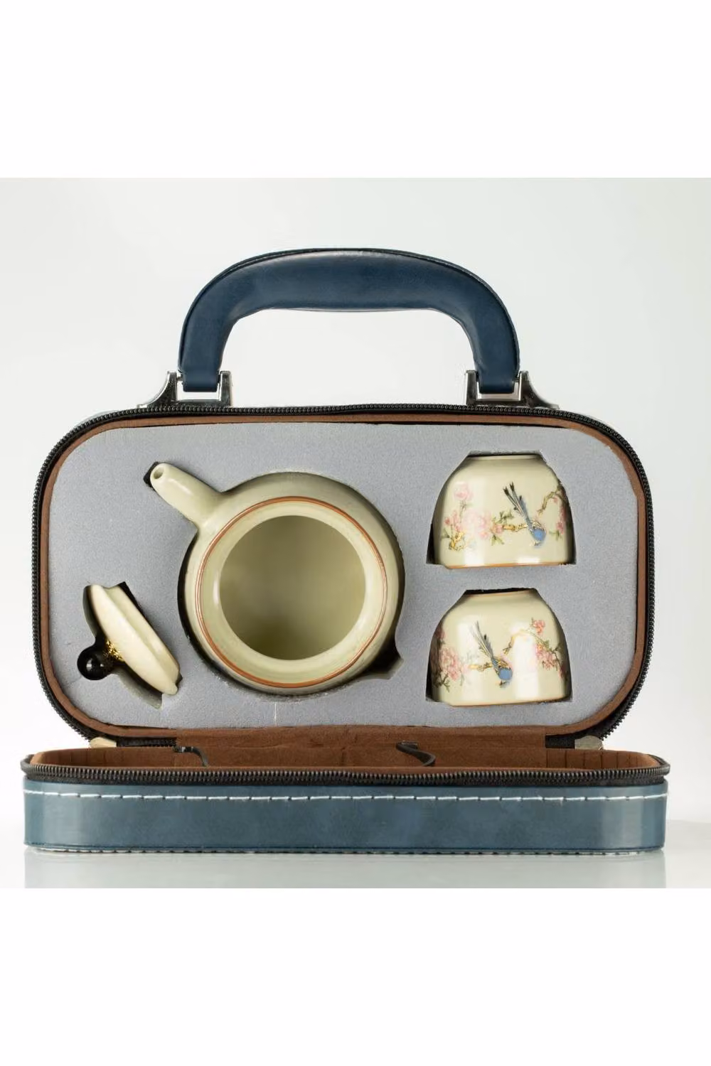 KDMD Blue Bird Qing Dynasty Ceramic Travel Teapot Set with Two Cups in Cream and Blue – 2