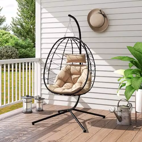 Outsunny Folding Hanging Egg Chair for Outdoor and Indoor Use in Brown or Beige – 8