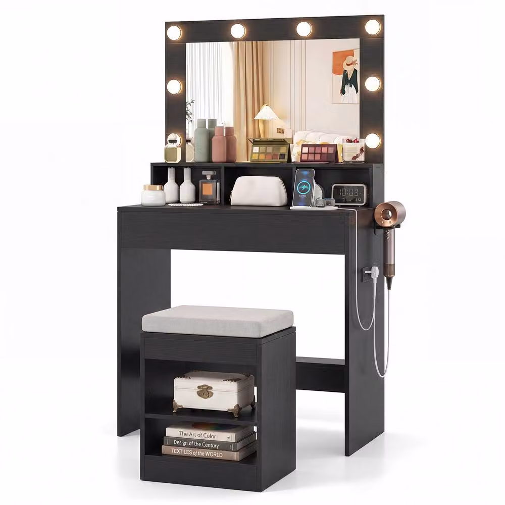 Costway Makeup Vanity Desk Set with Hollywood LED Mirror, Dressing Table and Stool in Black – 7