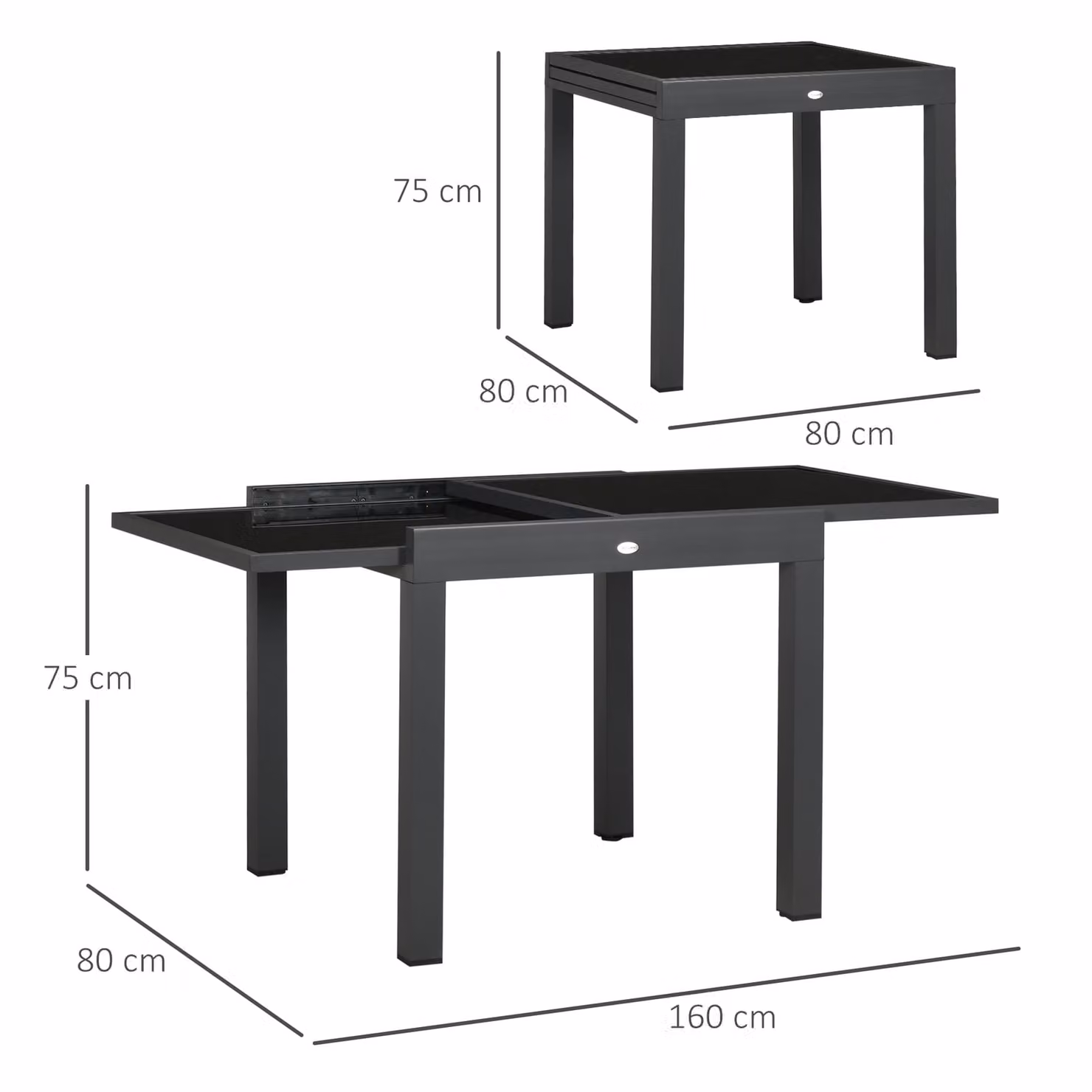 Outsunny Extendable Rectangular Garden Dining Table with Black Powder Coated Aluminium Frame and Glass Top, W: 80 cm, D: 80-160 cm, H: 75 cm – 3