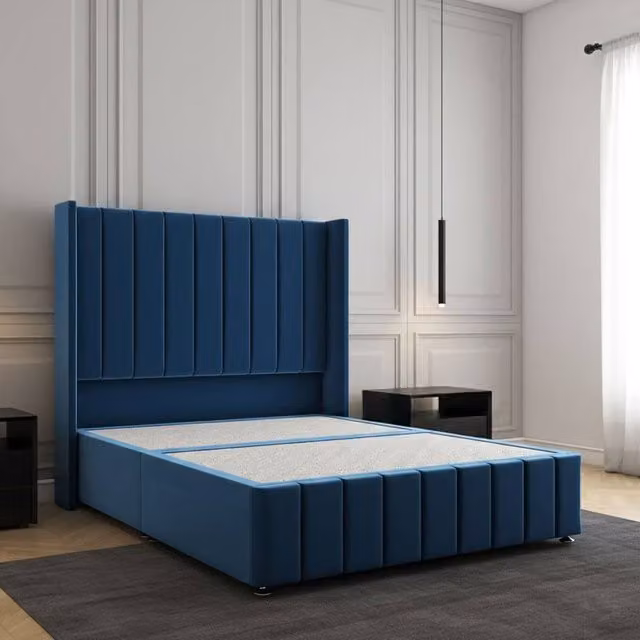 Regional Furnishings Blue Velvet Upholstered Double Divan Bed W/ 54 inch Headboard and 12 inch Footboard, W/D/H: 140 x 200 cm