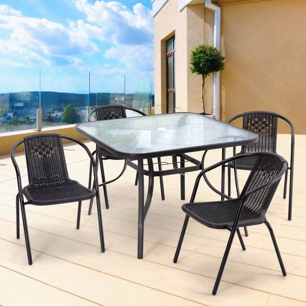Living and Home 4-Seater Outdoor Garden Dining Bistro Set in Black Rattan and Metal – 2