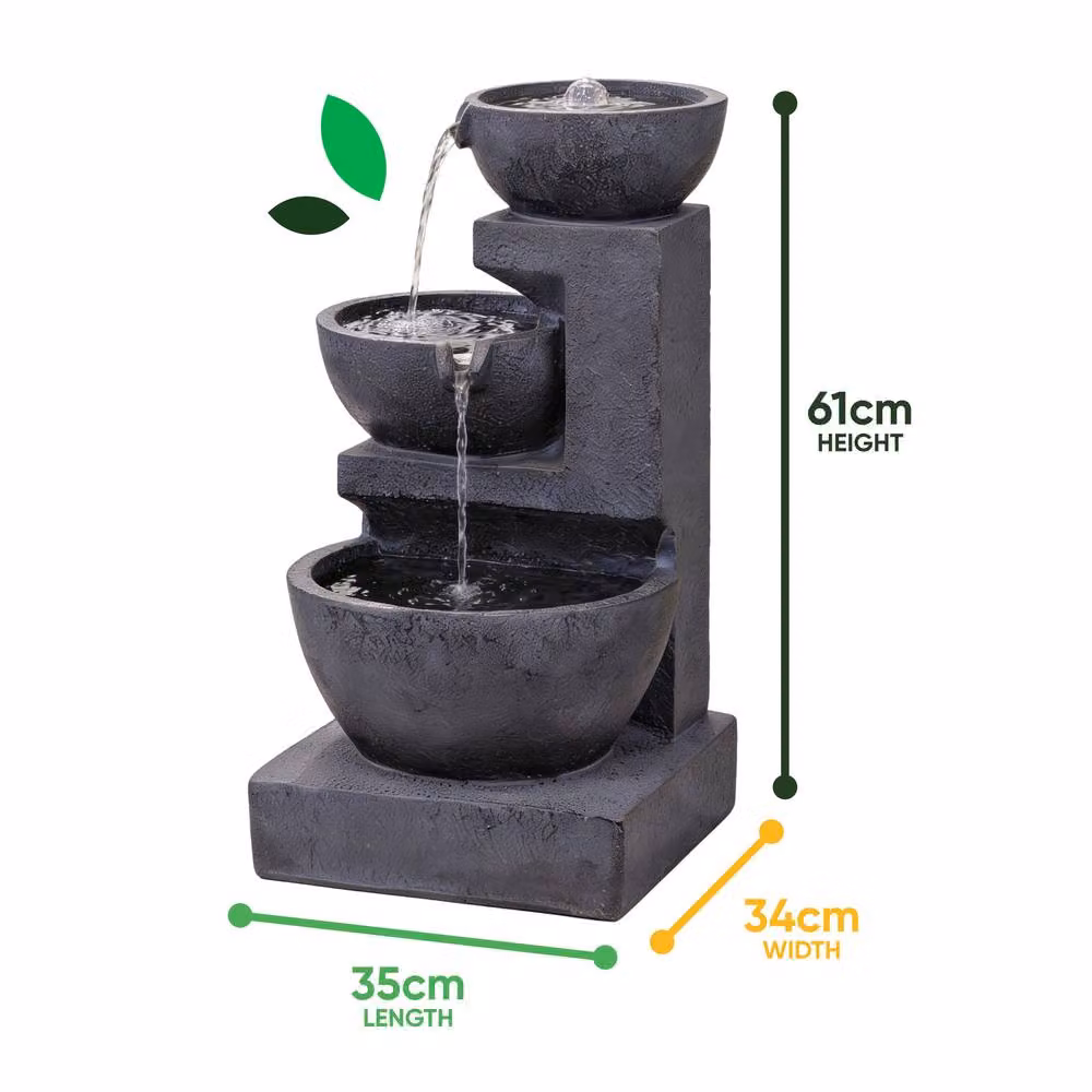 Gardenwize Solar Cascading Ceramic Water Feature with Battery Backup in Dark Grey, H 61.0 cm x W 34.0 cm x D 34.0 cm – 2