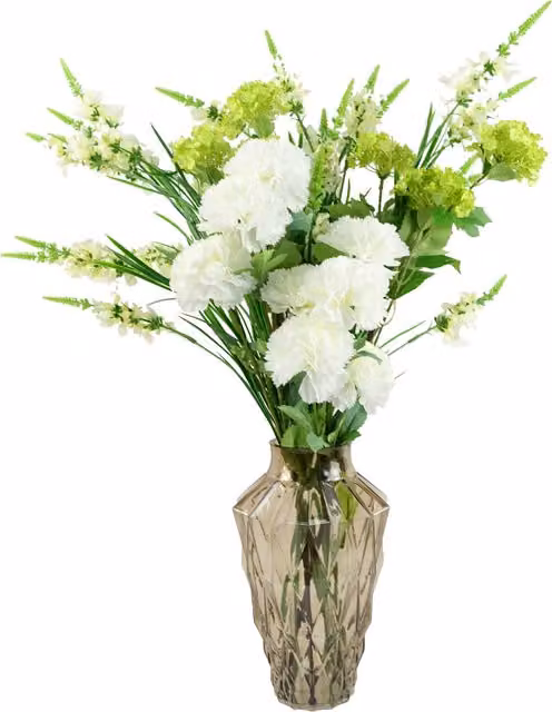 White Artificial Carnation and Larkspur with Leaves in a Geometric Glass Vase