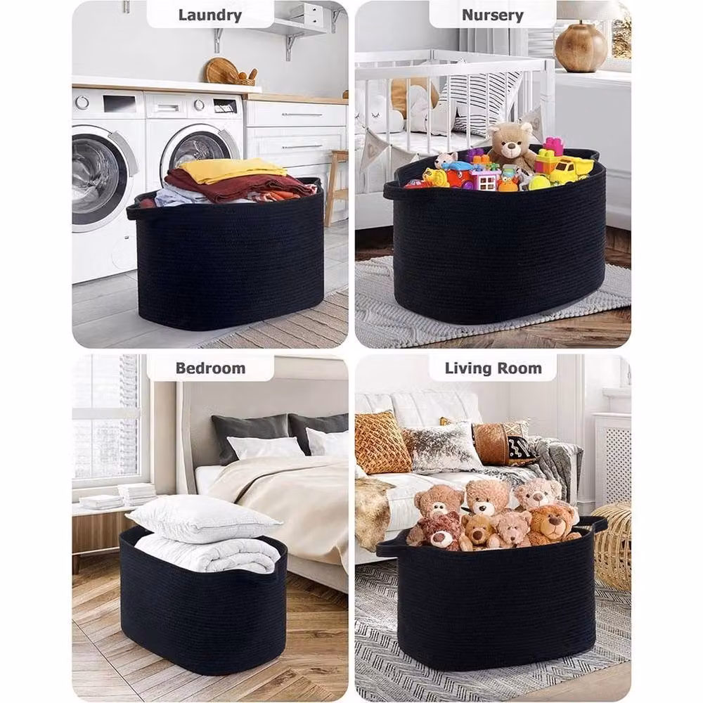 FLAVORA Black Large Open Weave Cotton Rope Storage Basket, Diameter: 50 cm – 5
