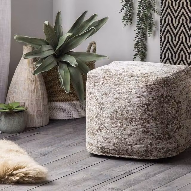 Wyld and Coco Brown Cotton Boho Ottoman Pouffe with Abstract Pattern, W/D/H: 40 x 40 x 40 cm – 1