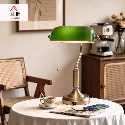 HOMCOM Vintage Banker's Table Lamp with Green Glass Dome Shade and Bronze Metal Base – 2