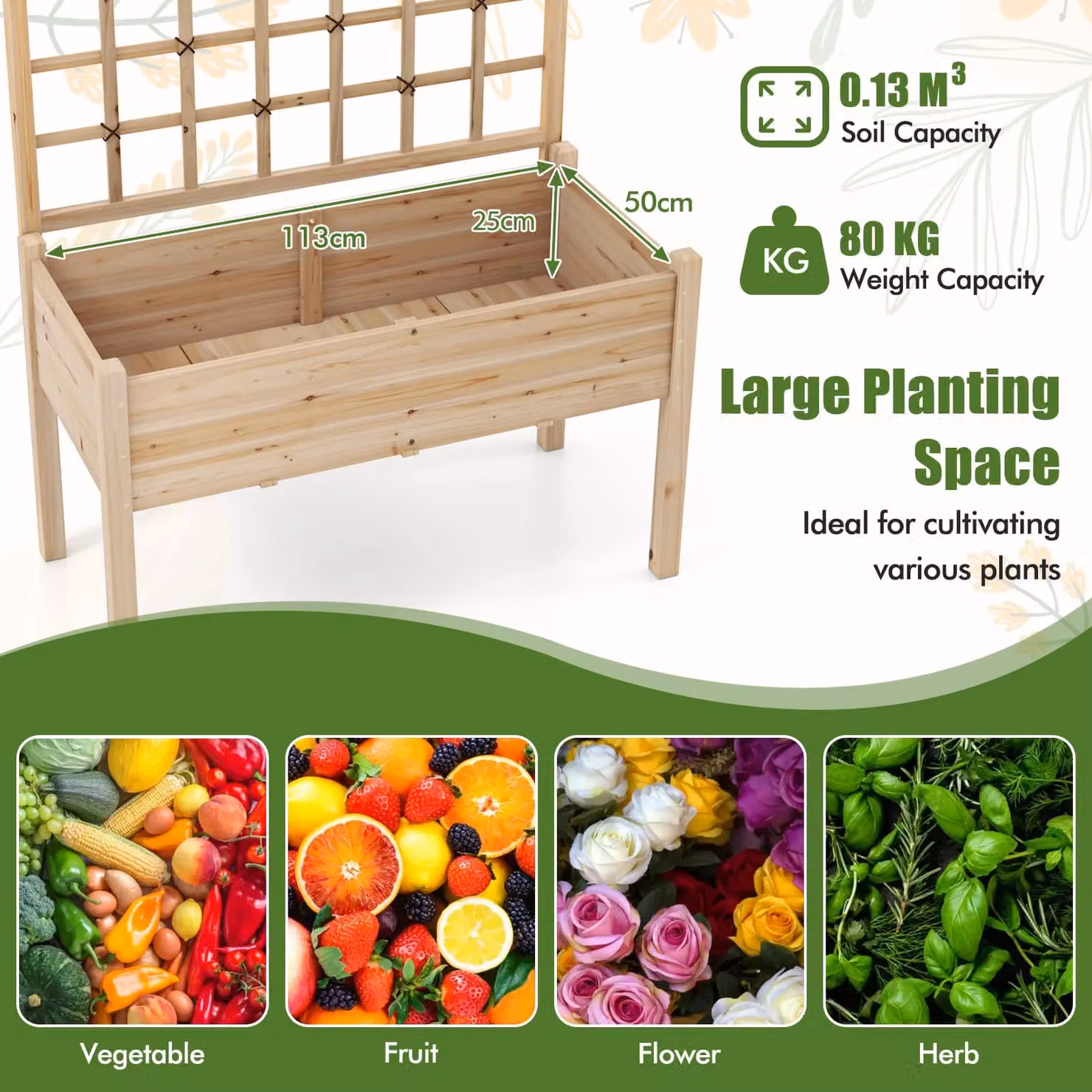 Costway Wooden Raised Garden Bed with Lattice Trellis and Drainage Holes in Sand – 5