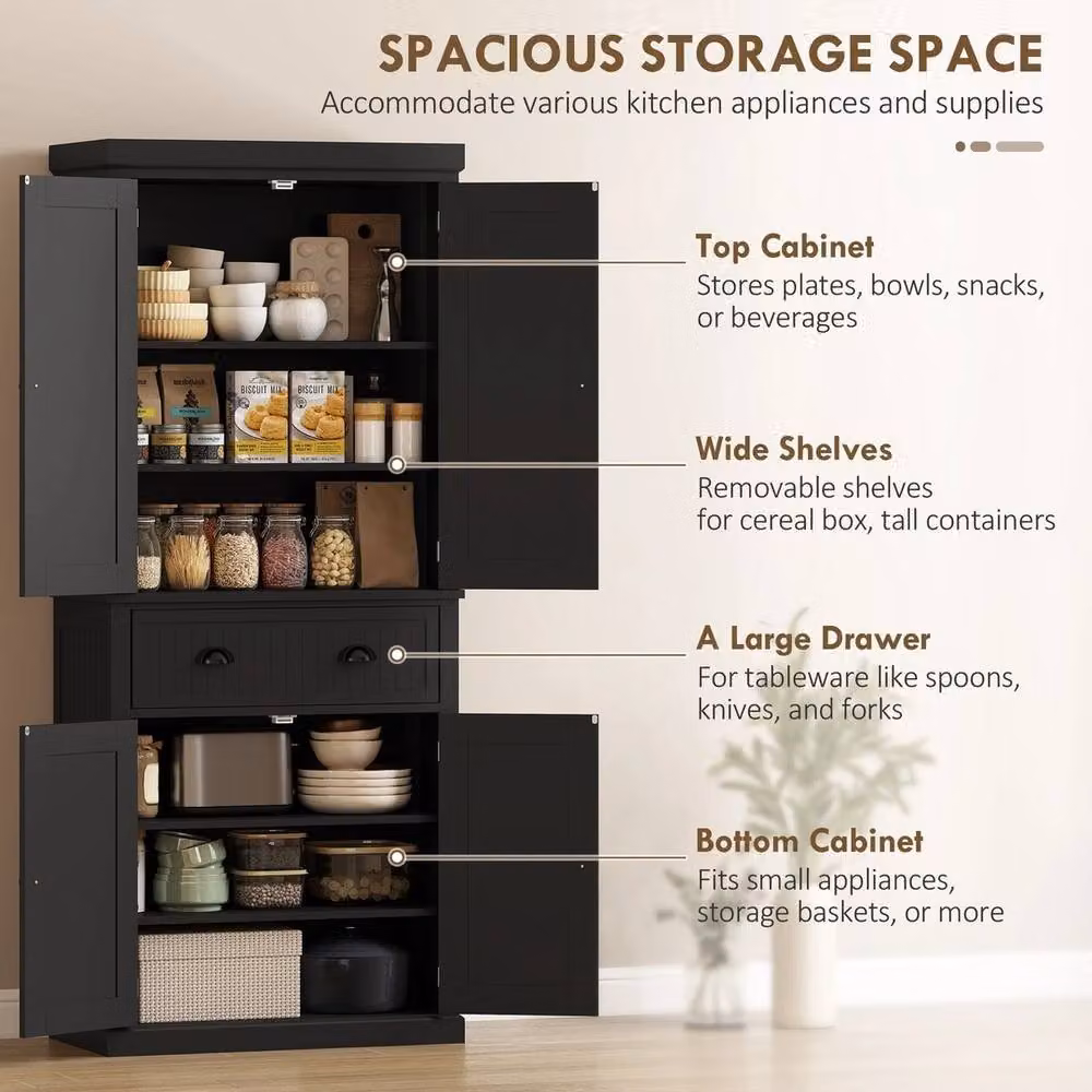 NESTLUNE Modern Black Freestanding Kitchen Storage Cabinet with Drawers, Cupboards and Shelves, W: 100 cm, D: 15 cm – 4