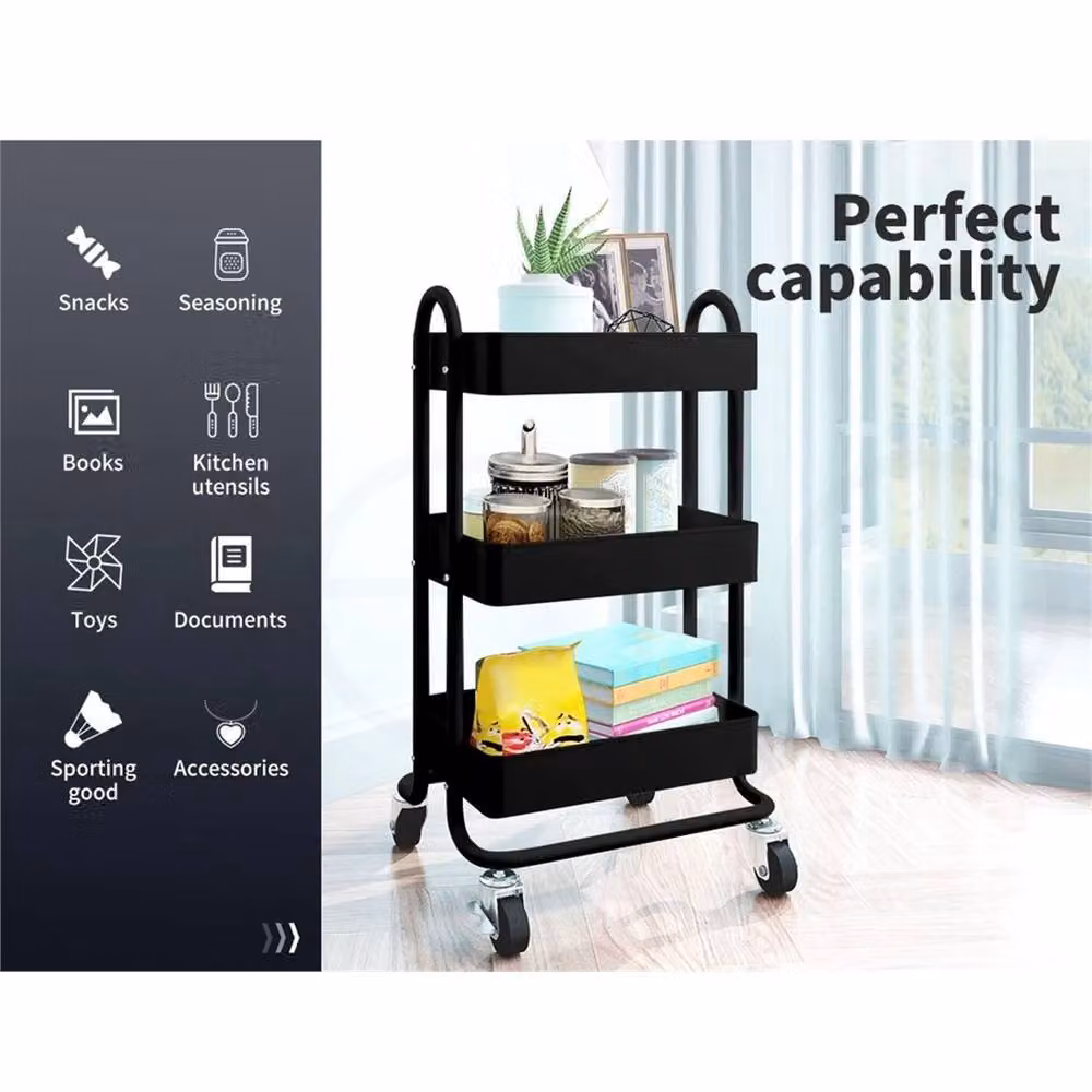 Nordara Black 3-Tier Metal Kitchen Trolley Cart with Rolling Storage Shelves – 3