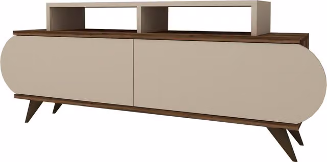 Destina Home Lecody Mid-Century TV Stand with Cabinets and Shelves in Light Walnut and Beige