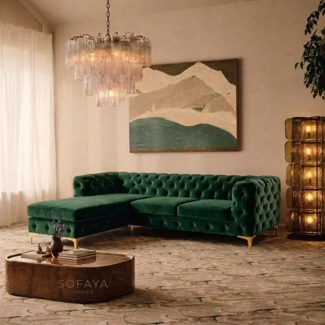 Sofaya Monaco Chesterfield 3 Seater L-Shaped Sofa in Green Velvet with Left Hand Chaise