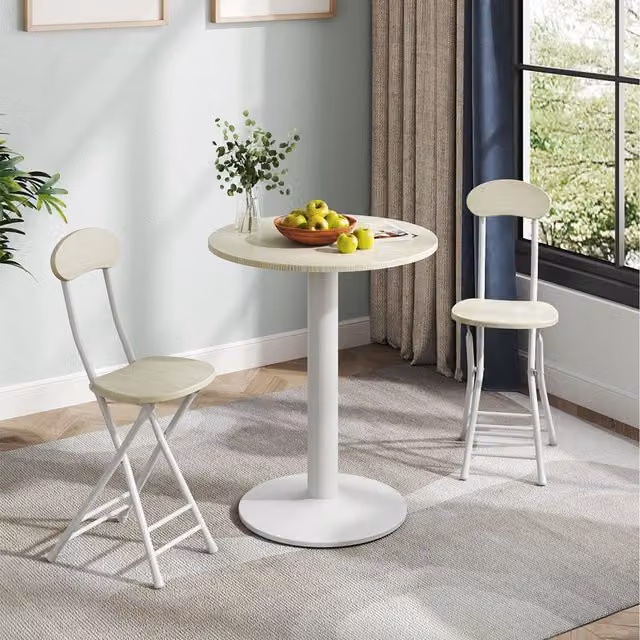 Komore White MDF and Metal Minimalist Coffee Table with 2 Folding Chairs Set