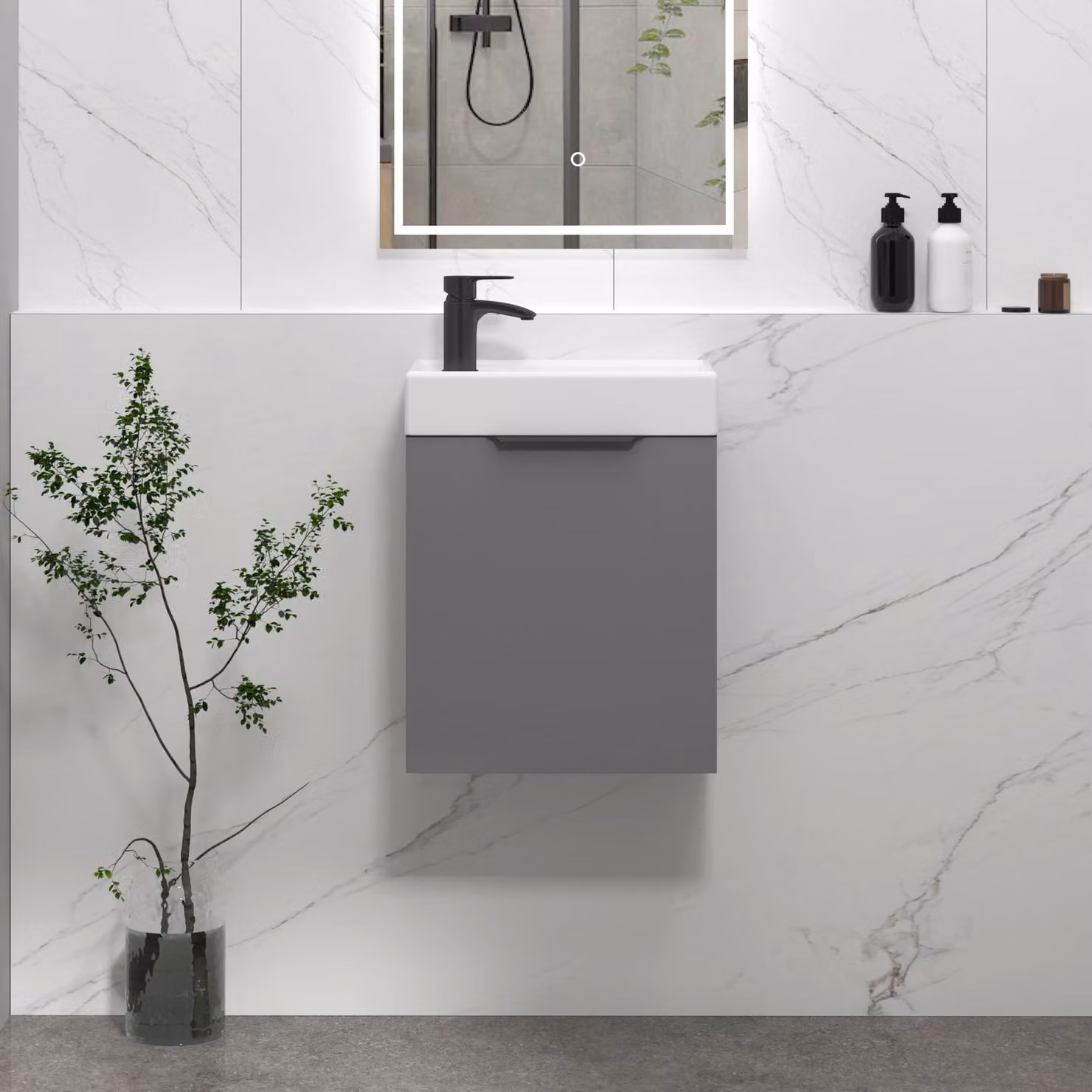Royal Bathrooms Como 400mm Wall Hung Cloakroom Vanity Unit with Basin in Indigo Grey Gloss and Matt Black Handle