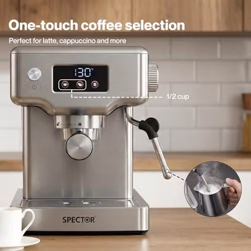 Spector Ultra Espresso Machine in Silver with LCD Touch Display, 20 Bar Pressure, Milk Frother and Removable Water Tank – 5
