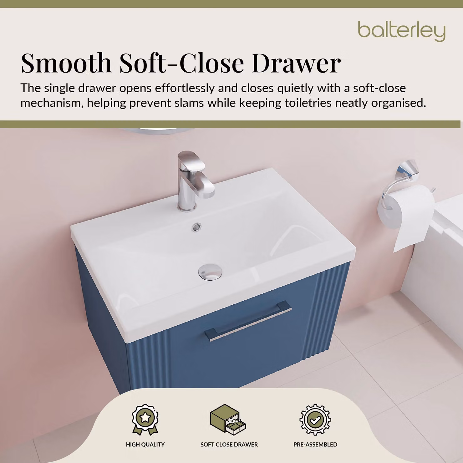 Balterley Wall Hung 1 Drawer Vanity Unit with Mid-Edge Basin, Satin Blue, W: 60 cm, D: 39.9 cm, H: 60 cm – 3