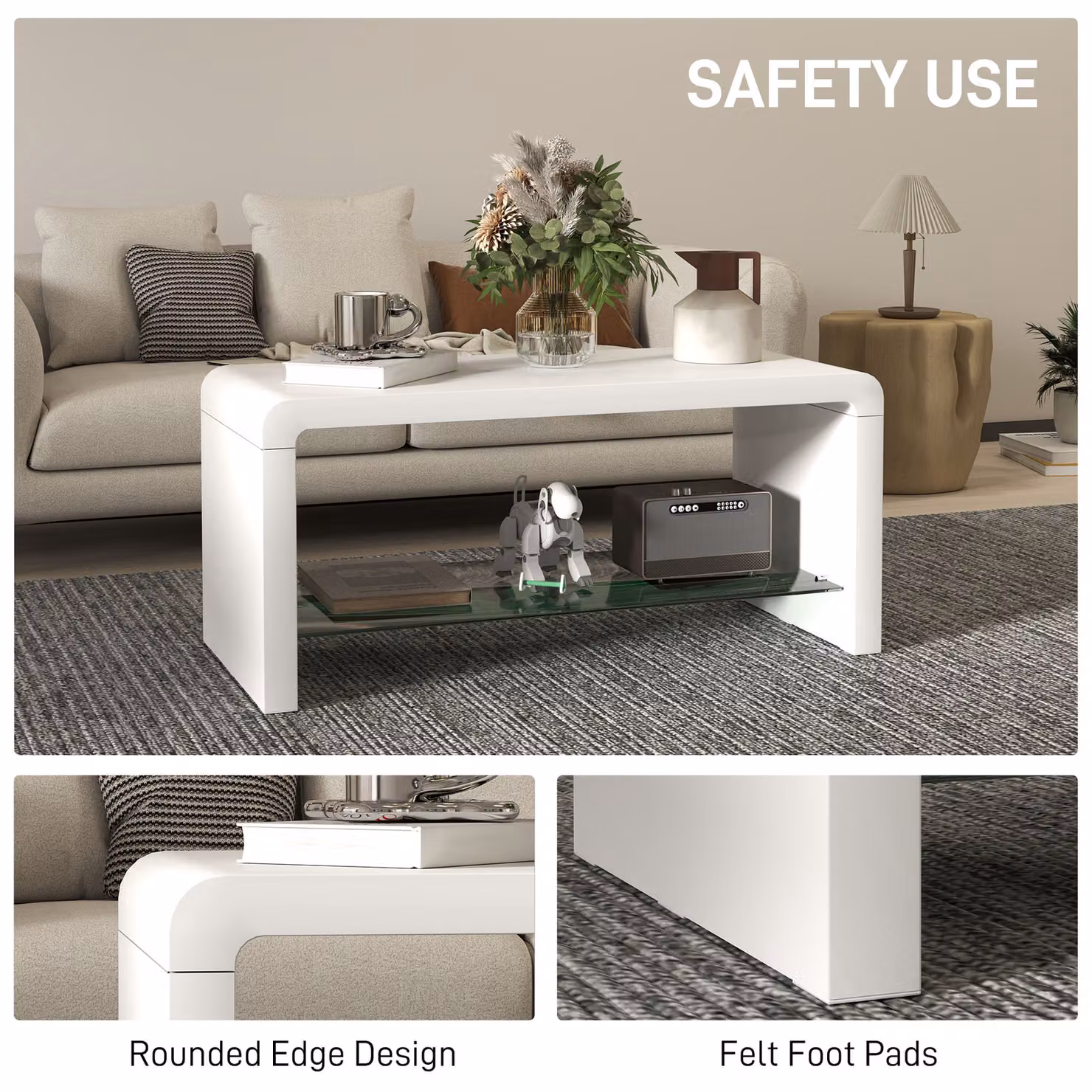 HOMCOM Modern Two-Tier Curved Coffee Table in Glossy White – 5