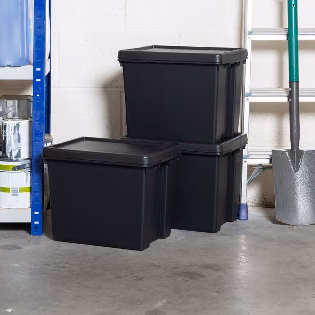 Wham Bam Set of 3 Heavy Duty 24L Stackable Plastic Storage Boxes with Lids and Handles, Black