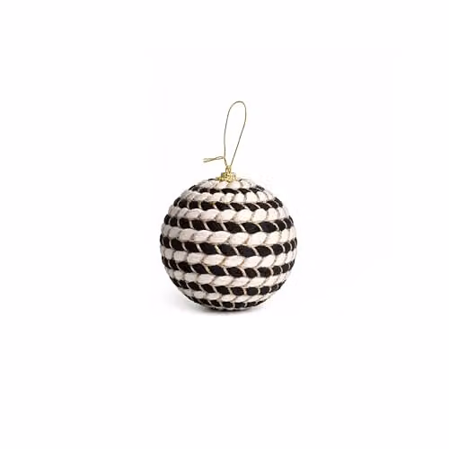 Melody Maison Set of 3 Modern Round Striped Christmas Tree Baubles in Black, White and Gold, Diameter: 8 cm – 5