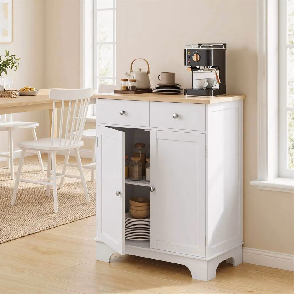 HOMCOM White Kitchen Storage Cabinet with Rubberwood Top and Internal Shelves and Drawers – 2
