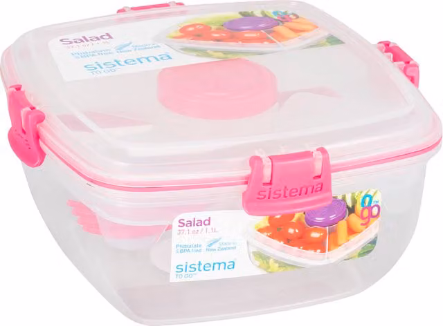 Sistema Salad To Go Pink Plastic Food Container with Dividers, Compartments and Cutlery