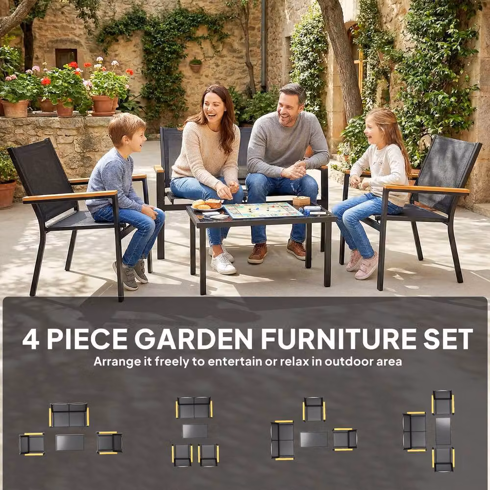 OUTSUNNY 4 Seater Outdoor Sofa with Tempered Glass Top and Cushions in Black – 4