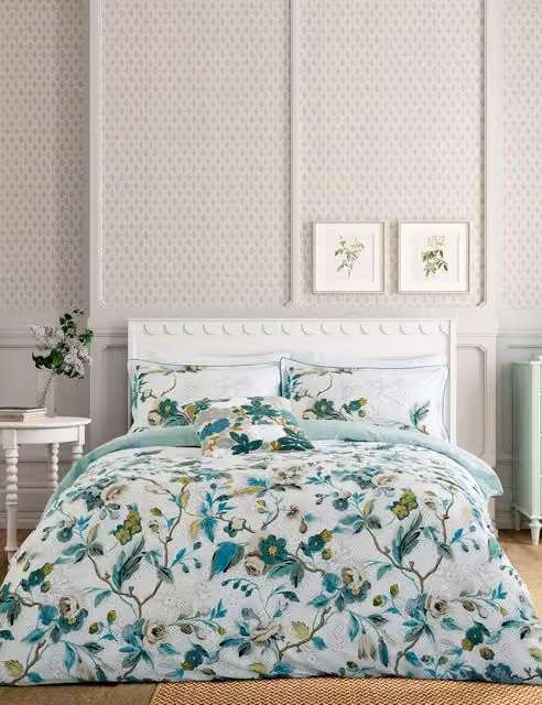 English Heritage Craven Street Floral Mako Satin Pure Cotton Bedding Set, Duck Egg Blue, W/D/H: 180 x 200 cm