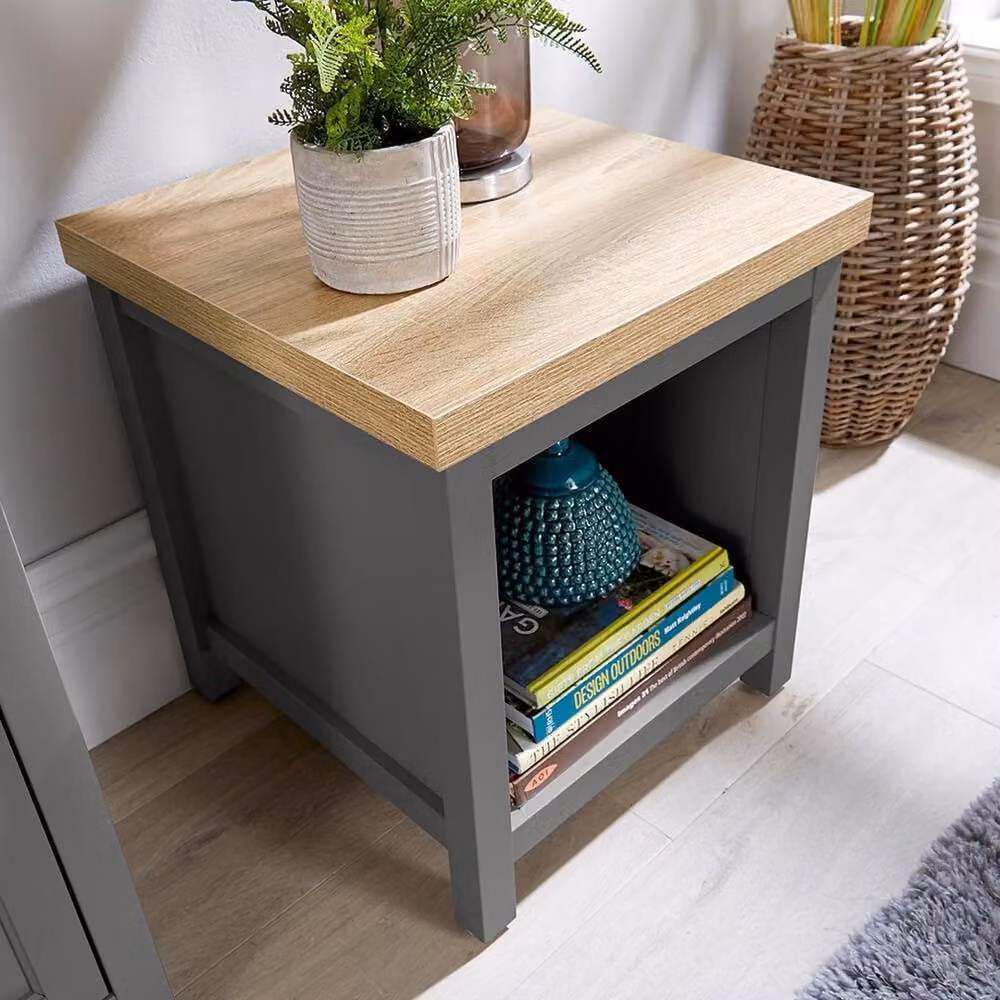 FORGEVIO Modern Bedside Lamp Side Table with Oak Top and Grey Storage Shelf – 2