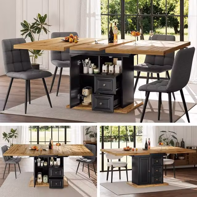 BTM Extendable Rectangular Dining Table in Black with Butterfly Leaf for 6 People