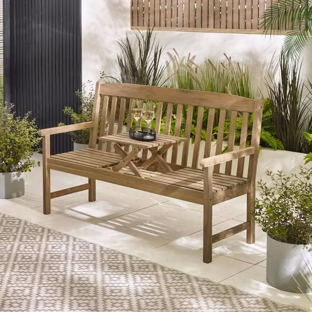 FurnitureboxUK Lox 2 Seat Solid Acacia Wood Outdoor Bench with Pop-Up Table in Brown
