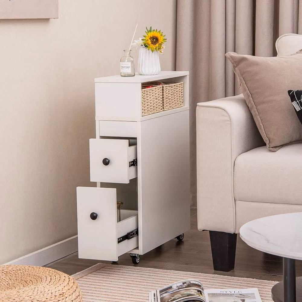 VOGREX White Movable Narrow Bathroom Cabinet with 2 Drawers and Rattan Detail – 2