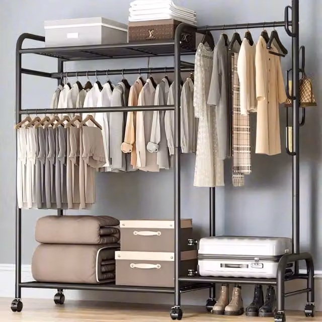 Modcraft Industrial Matt Black Heavy Duty Double Clothes Rail with Dual Hook and Rail Matrix – 1